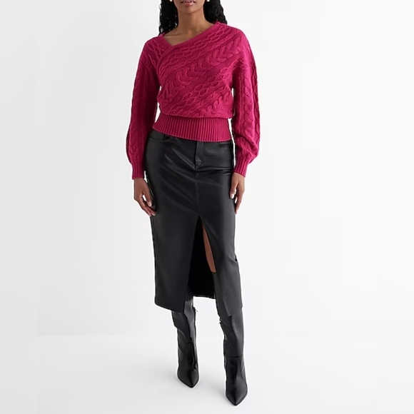 Express Womens Cable Knit Asymmetrical Long Sleeve Sweater Bright Fuchsia XS - Picture 2 of 7